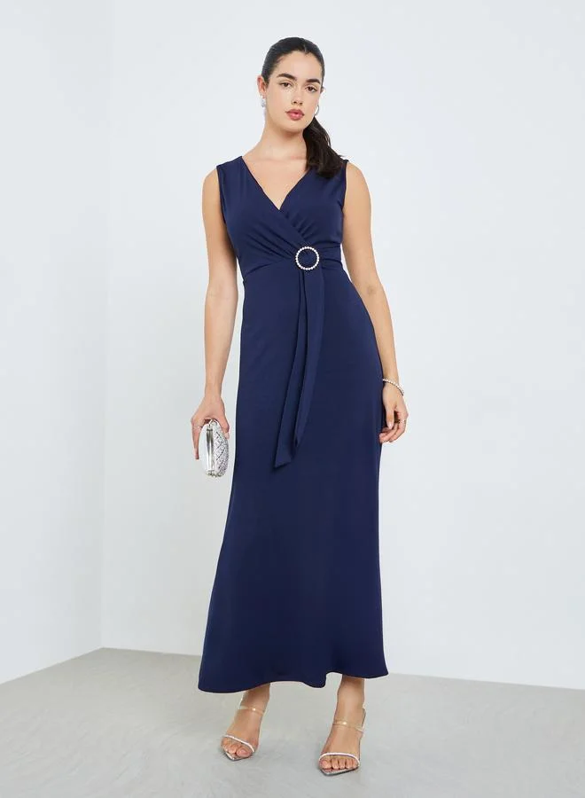 Styli Solid Navy Blue Sleeveless Sheath Maxi Dress